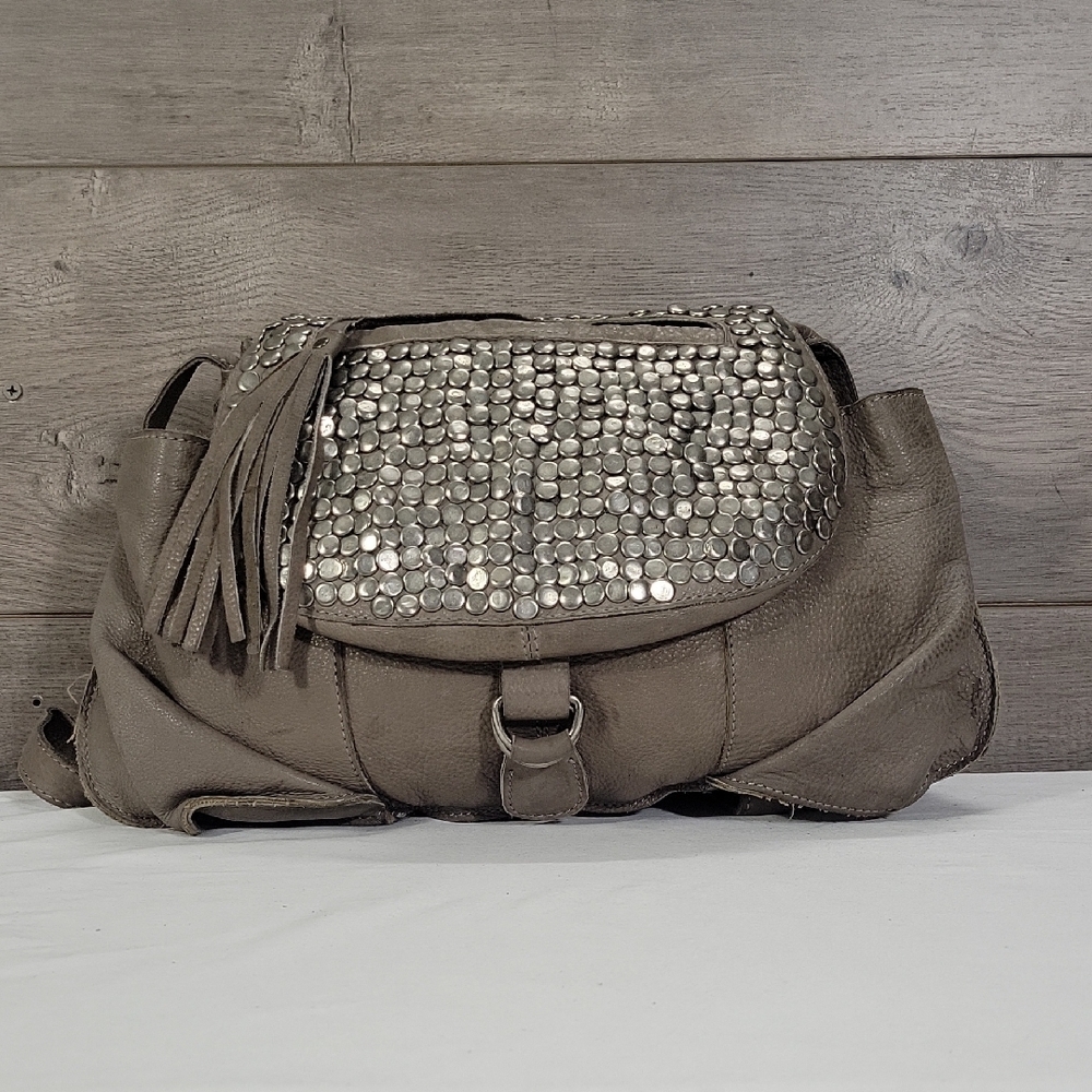 Cut & Paste for Anthropologie Studded Gray Leather Shoulder Bag